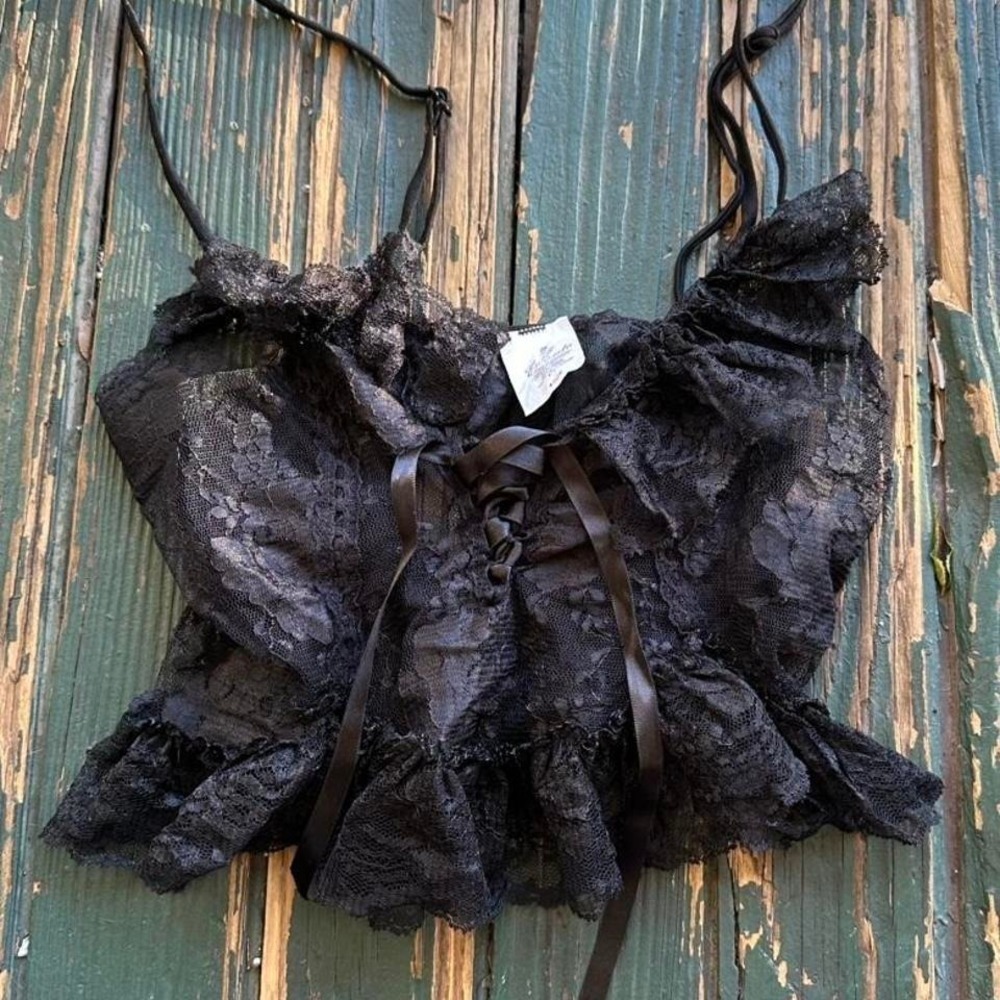 Black lace corset top with ribbon ties and ruffles‎ small